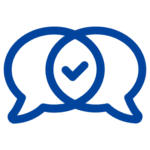 Blue illustration of two text bubbles overlapping with a check mark in the middle