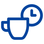 Blue illustration of a coffee mug and a clock
